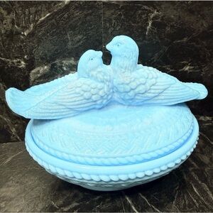 Vintage Westmoreland Satin Blue Love Birds On a Nest Trinket Dish